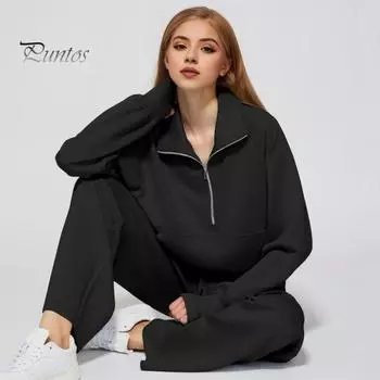 Женский комплект из 2 предметов: топ и брюки, полузастежка-молния, отложной воротник, длинные рукава, толстовка с эластичной резинкой на талии, широкие спортивные штаны, спортивный наряд, повседневный, осень L зелёный