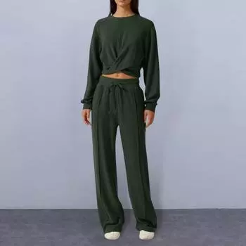 Женский комплект из 2 предметов: топ и брюки, круглый вырез, длинный рукав, укороченный топ, эластичная резинка на талии, широкие спортивные штаны, спортивный костюм на весну и осень S чёрный