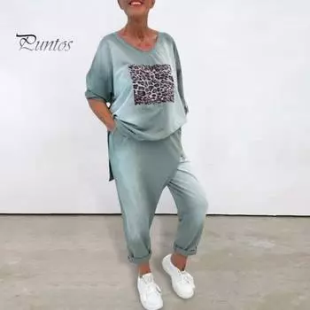 Женский комплект из 2 предметов: топ и брюки, круглый вырез, леопардовый принт, длинные рукава, разрез, низ, толстовка с эластичной резинкой на талии, спортивные штаны, спортивный костюм, осенний повседневный спортивный костюм M коричневый