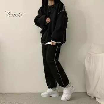 Женский комплект из 2 предметов: топ и брюки, круглый вырез, длинные рукава, однотонная толстовка с эластичной резинкой на талии, свободные брюки, спортивный костюм на осень и весну M чёрный