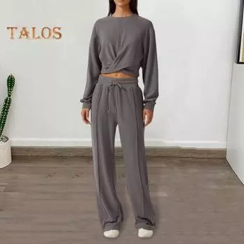 Женский комплект из 2 предметов: топ и брюки, круглый вырез, длинный рукав, укороченный топ, эластичная резинка на талии, широкие спортивные штаны, спортивный костюм на весну и осень S светло-синий