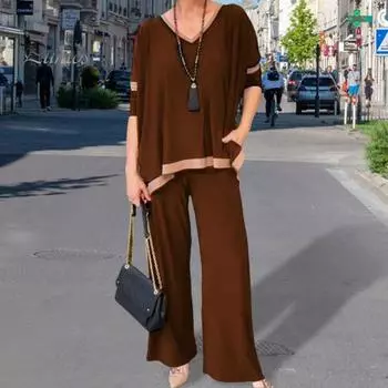 Женский комплект из 2 предметов: топ и брюки, V-образный вырез, рукава три четверти, толстовка с эластичной резинкой на талии, широкие спортивные штаны, спортивный костюм, осенний повседневный спортивный костюм XL темно-коричневого