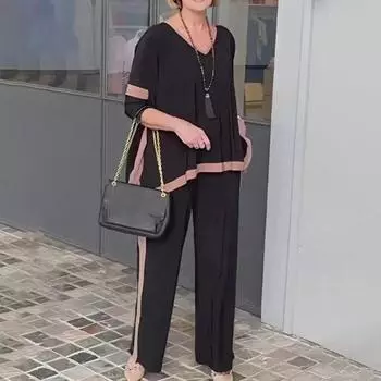 Женский комплект из 2 предметов: топ и брюки, V-образный вырез, рукава три четверти, толстовка с эластичной резинкой на талии, широкие спортивные штаны, спортивный костюм, осенний повседневный спортивный костюм XL