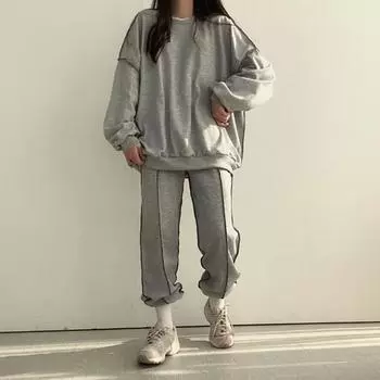 Женский комплект из 2 предметов: топ и брюки, круглый вырез, длинные рукава, однотонная толстовка с эластичной резинкой на талии, свободные брюки, спортивный костюм на осень и весну M синий