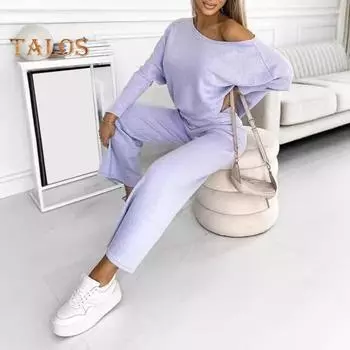 Женский комплект из 2 предметов: топ и брюки, круглый вырез, длинные рукава, толстовка с эластичной резинкой на талии, широкие спортивные штаны, спортивный костюм, осенний повседневный спортивный костюм M фиолетовый