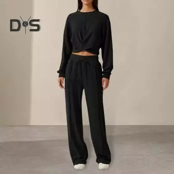 Женский комплект из 2 предметов: топ и брюки, круглый вырез, длинный рукав, укороченный топ, эластичная резинка на талии, широкие спортивные штаны, спортивный костюм на весну и осень S серый