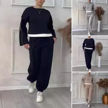 Женский комплект из 2 предметов: топ и брюки, круглый вырез, длинные рукава, контрастная цветная блузка, свободные брюки до щиколотки, спортивный повседневный наряд, осенне-весенний спортивный костюм S серый