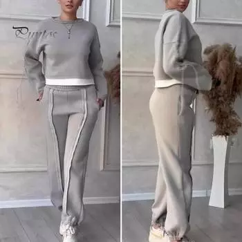 Женский комплект из 2 предметов: топ и брюки, круглый вырез, длинные рукава, контрастная цветная блузка, свободные брюки до щиколотки, спортивный повседневный наряд, осенне-весенний спортивный костюм S хаки