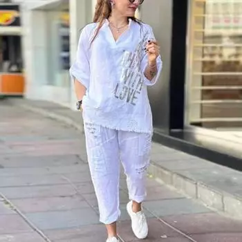 Женский комплект из 2 предметов: топ и брюки, V-образный вырез, длинный рукав, запонка, свободная футболка, однотонные широкие брюки, повседневный наряд для поездок на работу, блузка XL зелёный