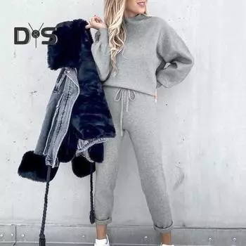 Женский комплект из 2 предметов: топ и брюки, высокий воротник, длинные рукава, однотонная толстовка, эластичный пояс на шнурке, свободные брюки, спортивный наряд, осень-весна L кофейный