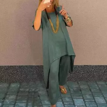 Женский комплект из 2 предметов: топ и брюки, однотонный, с круглым вырезом, длинным рукавом, средней длины, неровным подолом, широкие брюки, эластичная резинка на талии, свободные брюки, одежда для поездок на работу XL чёрный