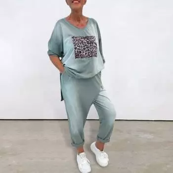 Женский комплект из 2 предметов: топ и брюки, круглый вырез, леопардовый принт, длинные рукава, разрез, низ, толстовка с эластичной резинкой на талии, спортивные штаны, спортивный костюм, осенний повседневный спортивный костюм L коричневый