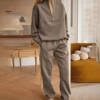 Женский комплект из 2 предметов: топ и брюки, полумолния, высокий воротник, длинный рукав, утолщенная толстовка, эластичная талия, брюки с резинкой на щиколотке, спортивный костюм для фитнеса S зелёный