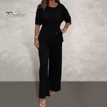 Женский комплект из 2 предметов: топ и брюки, круглый вырез, длинные рукава, шнуровка, плиссированная блузка, эластичный пояс, широкие брюки, повседневный спортивный костюм на осень и весну S кофейный