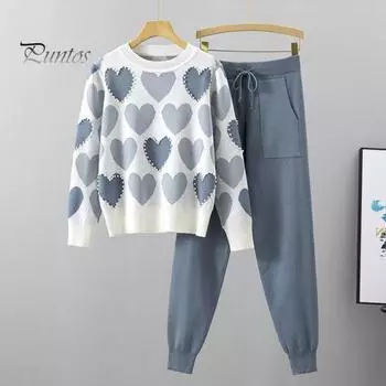 Женский комплект из 2 предметов: топ и брюки, принт в виде сердца, декор из бисера, круглый вырез, длинные рукава, толстовка с эластичной резинкой на талии, спортивные штаны, спортивный наряд на осень M розовый