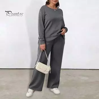 Женский комплект из 2 предметов: топ и брюки, круглый вырез, длинные рукава, разрез, низ, толстовка с эластичной резинкой на талии, широкие спортивные штаны, спортивный костюм, осенний повседневный спортивный костюм M темно-серого
