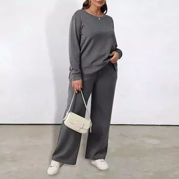 Женский комплект из 2 предметов: топ и брюки, круглый вырез, длинные рукава, разрез, низ, толстовка с эластичной резинкой на талии, широкие спортивные штаны, спортивный костюм, осенний повседневный спортивный костюм L темно-серого