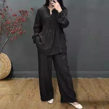 Женский комплект из 2 предметов: топ и брюки, однотонный, с длинными рукавами, полуоткрытый круглый вырез, эластичный пояс, прямые широкие брюки, спортивный наряд для фитнеса, осень M вино красного