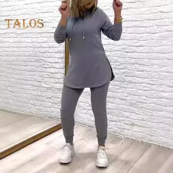 Женский комплект из 2 предметов: топ и брюки, капюшон, длинные рукава, однотонный свитшот с разрезом, эластичный пояс, облегающие брюки, спортивный костюм, осенне-весенний спортивный костюм XXXL зелёный