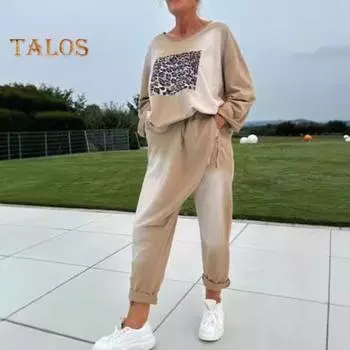 Женский комплект из 2 предметов: топ и брюки, круглый вырез, леопардовый принт, длинные рукава, разрез, низ, толстовка с эластичной резинкой на талии, спортивные штаны, спортивный костюм, осенний повседневный спортивный костюм M серый
