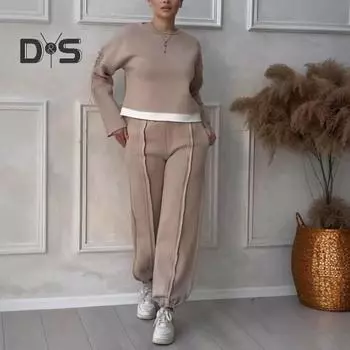 Женский комплект из 2 предметов: топ и брюки, круглый вырез, длинные рукава, контрастная цветная блузка, свободные брюки до щиколотки, спортивный повседневный наряд, осенне-весенний спортивный костюм S серый