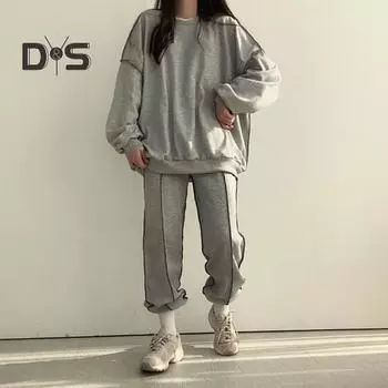 Женский комплект из 2 предметов: топ и брюки, круглый вырез, длинные рукава, однотонная толстовка с эластичной резинкой на талии, свободные брюки, спортивный костюм на осень и весну M чёрный