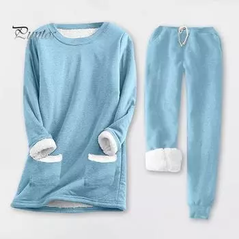 Женский комплект из 2 предметов: топ и брюки, однотонный, с длинными рукавами, с круглым вырезом, эластичный пояс, толстые брюки с плюшевой подкладкой, спортивный костюм для фитнеса, пижама, осень-зима S серый