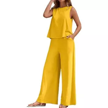 Женский комплект из 2 предметов: топ и брюки, однотонный, круглый вырез, без рукавов, свободный жилет, широкие брюки, боковые карманы, повседневная одежда для поездок на работу и обратно S жёлтый