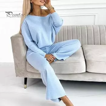 Женский комплект из 2 предметов: топ и брюки, круглый вырез, длинные рукава, толстовка с эластичной резинкой на талии, широкие спортивные штаны, спортивный костюм, осенний повседневный спортивный костюм L белый