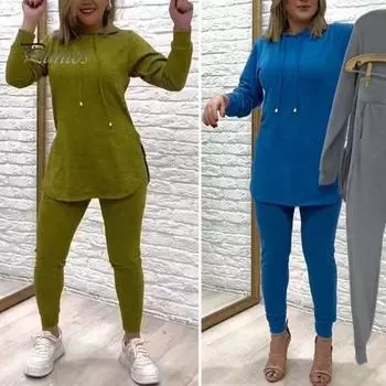 Женский комплект из 2 предметов: топ и брюки, капюшон, длинные рукава, однотонный свитшот с разрезом, эластичный пояс, облегающие брюки, спортивный костюм, осенне-весенний спортивный костюм XXXL зелёный