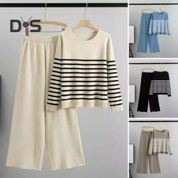 Женский комплект из 2 предметов: топ и брюки, полосатый принт, круглый вырез, длинные рукава, толстовка с эластичной талией, широкие спортивные штаны, спортивный костюм, осенний повседневный спортивный костюм верблюд