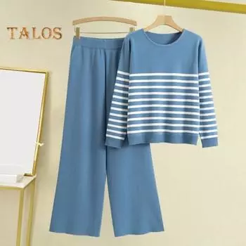 Женский комплект из 2 предметов: топ и брюки, полосатый принт, круглый вырез, длинные рукава, толстовка с эластичной талией, широкие спортивные штаны, спортивный костюм, осенний повседневный спортивный костюм чёрный