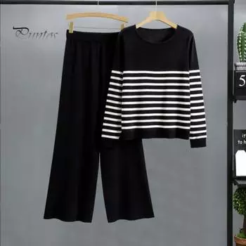 Женский комплект из 2 предметов: топ и брюки, полосатый принт, круглый вырез, длинные рукава, толстовка с эластичной талией, широкие спортивные штаны, спортивный костюм, осенний повседневный спортивный костюм верблюд