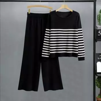 Женский комплект из 2 предметов: топ и брюки, полосатый принт, круглый вырез, длинные рукава, толстовка с эластичной талией, широкие спортивные штаны, спортивный костюм, осенний повседневный спортивный костюм верблюд
