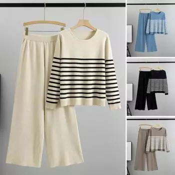 Женский комплект из 2 предметов: топ и брюки, полосатый принт, круглый вырез, длинные рукава, толстовка с эластичной талией, широкие спортивные штаны, спортивный костюм, осенний повседневный спортивный костюм синий