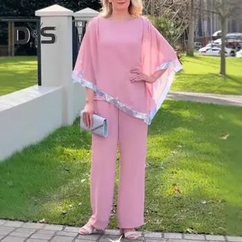 Женский комплект из 2 предметов: топ и брюки, рукава «летучая мышь», неровный подол с пайетками, блузка с круглым вырезом, однотонные широкие брюки, повседневный свободный наряд M зелёный