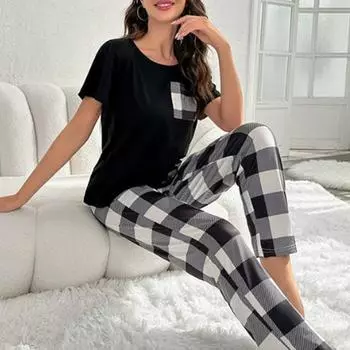 Женский комплект из 2 предметов: топ и брюки, летняя пижама, клетчатые брюки, круглый вырез, короткий рукав, футболка, домашняя одежда, повседневная одежда S розовый
