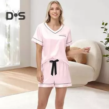 Женский комплект из 2 предметов: топ и брюки, летняя пижама из ледяного шелка, брюки с бантом на талии, футболка с коротким рукавом и V-образным вырезом, домашняя одежда, повседневная одежда S шампанского