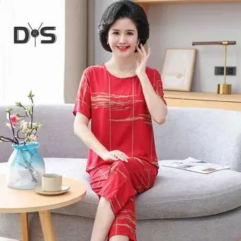 Женский комплект из 2 предметов: топ и брюки, летняя пижама с цветочным принтом, укороченные брюки, одежда для сна с круглым вырезом, футболка больших размеров для дома, повседневная одежда XL небесно-голубой