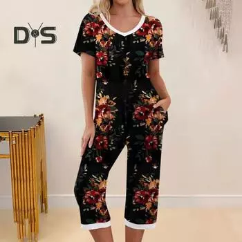 Женский комплект из 2 предметов: топ и брюки, летняя пижама, брюки с цветочным принтом, одежда для сна, футболка с коротким рукавом и V-образным вырезом, домашняя одежда, повседневная одежда S чёрный