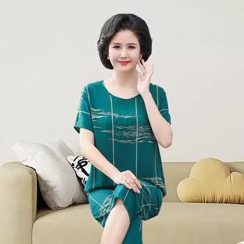 Женский комплект из 2 предметов: топ и брюки, летняя пижама с цветочным принтом, укороченные брюки, одежда для сна с круглым вырезом, футболка больших размеров для дома, повседневная одежда XL красный