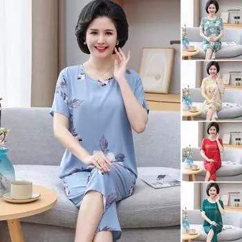 Женский комплект из 2 предметов: топ и брюки, летняя пижама с цветочным принтом, укороченные брюки, одежда для сна с круглым вырезом, футболка больших размеров для дома, повседневная одежда XL светло-зеленый