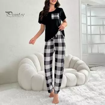 Женский комплект из 2 предметов: топ и брюки, летняя пижама, клетчатые брюки, круглый вырез, короткий рукав, футболка, домашняя одежда, повседневная одежда L белый