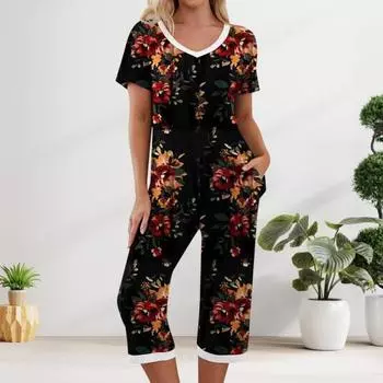 Женский комплект из 2 предметов: топ и брюки, летняя пижама, брюки с цветочным принтом, одежда для сна, футболка с коротким рукавом и V-образным вырезом, домашняя одежда, повседневная одежда S чёрный