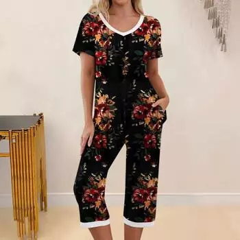 Женский комплект из 2 предметов: топ и брюки, летняя пижама, брюки с цветочным принтом, одежда для сна, футболка с коротким рукавом и V-образным вырезом, домашняя одежда, повседневная одежда S чёрный