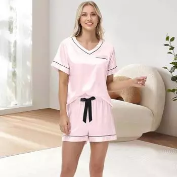 Женский комплект из 2 предметов: топ и брюки, летняя пижама из ледяного шелка, брюки с бантом на талии, футболка с коротким рукавом и V-образным вырезом, домашняя одежда, повседневная одежда S коричневый