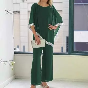 Женский комплект из 2 предметов: топ и брюки, рукава «летучая мышь», неровный подол с пайетками, блузка с круглым вырезом, однотонные широкие брюки, повседневный свободный наряд M зелёный