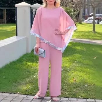 Женский комплект из 2 предметов: топ и брюки, рукава «летучая мышь», неровный подол с пайетками, блузка с круглым вырезом, однотонные широкие брюки, повседневный свободный наряд M вино красного