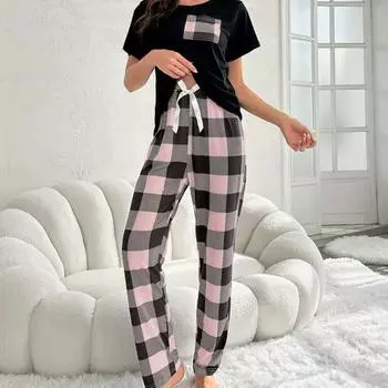 Женский комплект из 2 предметов: топ и брюки, летняя пижама, клетчатые брюки, круглый вырез, короткий рукав, футболка, домашняя одежда, повседневная одежда S белый