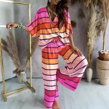 Женский комплект из 2 предметов: топ с рукавами «летучая мышь» и V-образным вырезом, завязывающиеся на шнурок широкие брюки, свободный повседневный спортивный костюм для отдыха S